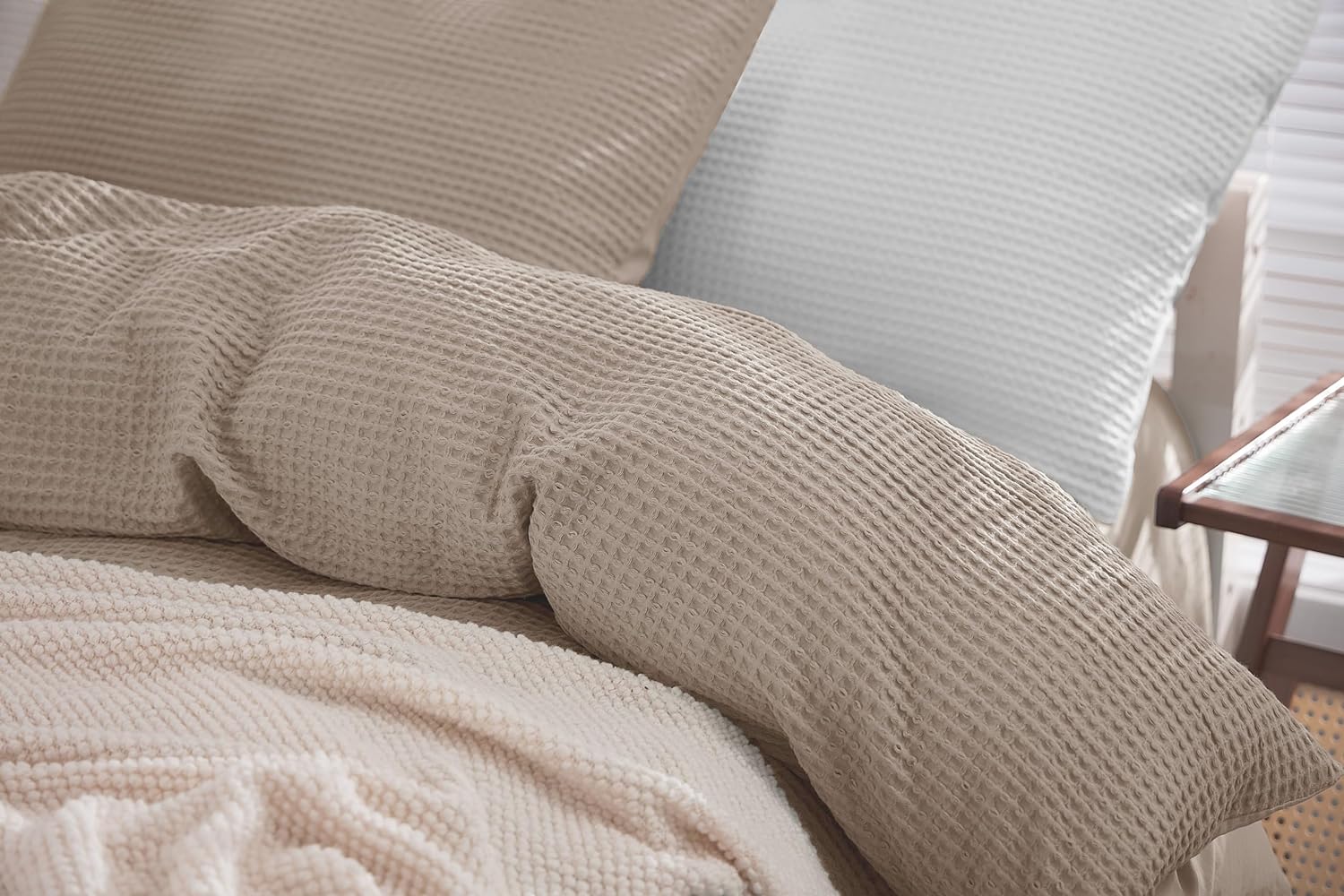 Bettwäsche mit Waffelstruktur 3-teilig: Bettbezug 200x200cm + 2X Kissenbezug 80x80cm atmungsaktiv & pflegeleicht, 100% Baumwolle